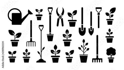 Foto Black gardening tools and plants icon set