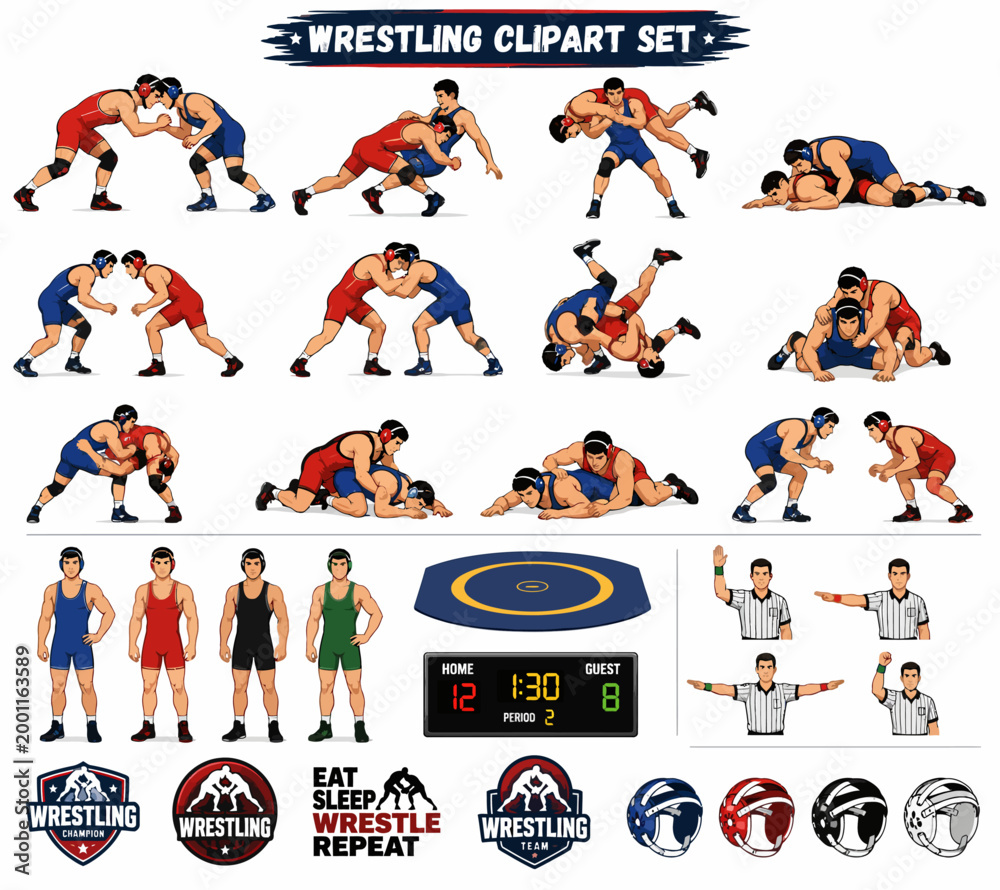 Fototapeta premium Wrestling clipart set featuring athletes, referees, and sport icons