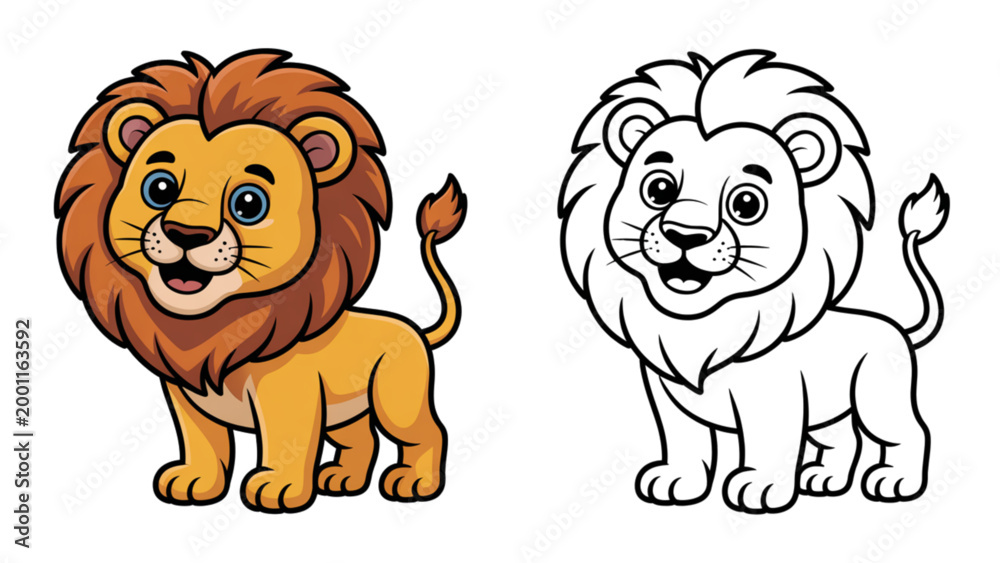 Fototapeta premium Cartoon lion and wolf facing each other