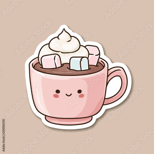 Cute Pink Hot Chocolate Mug with Marshmallows and Whipped Cream