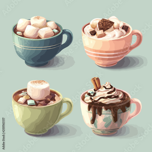 Aesthetic Vector Illustration of Cozy Hot Chocolate Drinks in Elegant Mugs with Delicious Toppings
