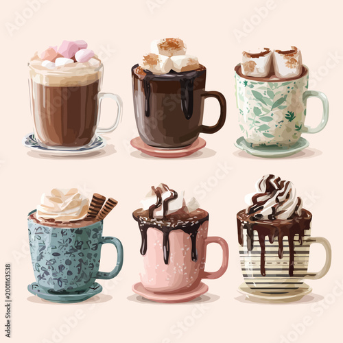 Cozy Hot Chocolate Cups Collection with Whipped Cream and Marshmallows