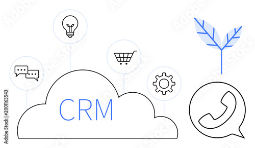 Customer relationship management, business tools, communication, e-commerce, innovation, digital transformation. Cloud with CRM text, icons for speech bubbles, light bulb shopping cart gear phone