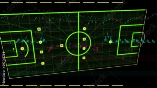 Dashed yellow lines sparking neon green pitch rising adding data overlay nodes forming tactic triad