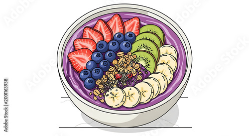 Delicious and Colorful Acai Bowl with Fresh Fruits and Granola.
