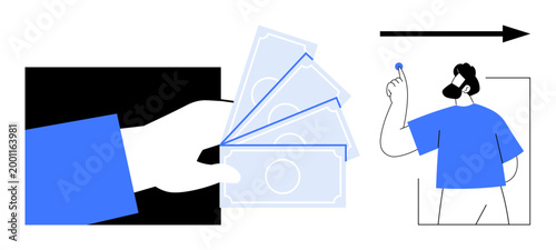 Financial transactions, decision-making, investments, savings, money management, planning. Hand holding cash and person with coin and arrow. Financial transactions and decision-making concept
