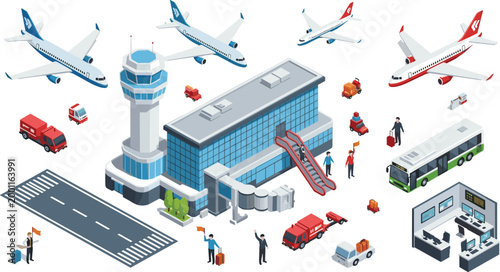 Airport Isometric Set with Terminal Building, Control Tower, Airplanes, Runway and Ground Transport Vector Illustration
