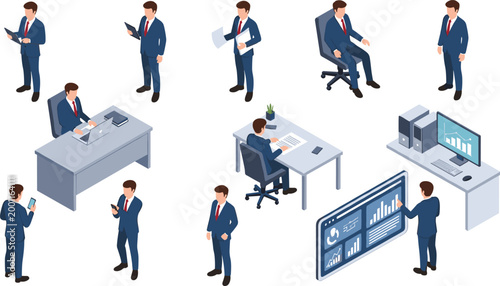 Businessman Office Activities Isometric Set, Collection of Corporate Work, Data Analysis, Communication and Workplace Scenes Vector Illustration