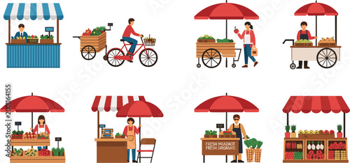 Street Market Stalls and Vendors Set in Flat Style, Collection of Farmers Market, Fresh Produce, Food Carts and Outdoor Retail Vector Illustration