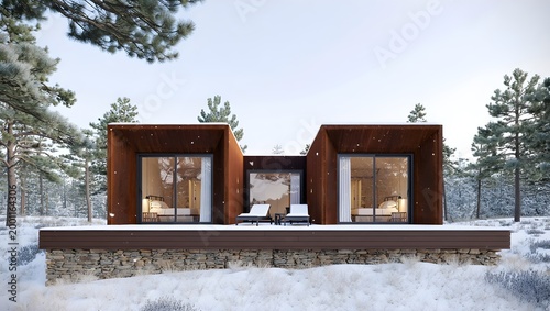 Ultra Minimalist Modular Retreat Villa With Dark Cube Volumes, Rustic Stone Retaining Wall, Cantilevered Hardwood Deck And Wild Mediterranean Landscape Surroundings (AI-Generated)