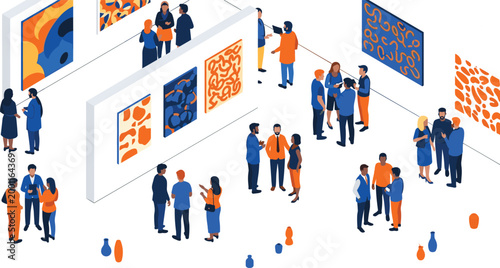 Art Gallery Exhibition Isometric Set, Collection of Visitors Viewing Paintings, Social Interaction and Museum Event Vector Illustration