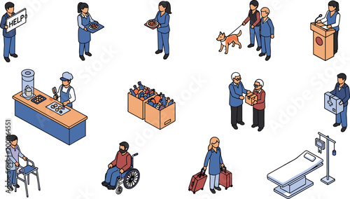 Social Support and Volunteer Services Isometric Set, Collection of Charity, Help, Donation, Healthcare and Community Assistance Vector Illustration