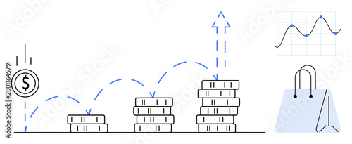 Business growth, financial planning, investment strategy, e-commerce trends, economic analysis, cashback savings. Stacked coins, shopping bag upward graph trend. Financial planning and e-commerce