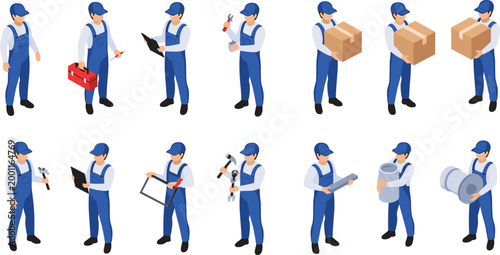 Worker Activities Set in Flat Style, Collection of Technician, Builder and Delivery Worker with Tools, Clipboard and Boxes Vector Illustration