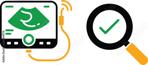 Modern medical ultrasound scanner with a magnifying glass and checkmark symbol representing clinical diagnostic accuracy and healthcare screening procedures