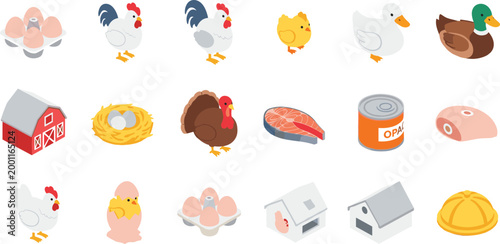 Poultry Farm and Food Icons Set in Flat Style, Collection of Chicken, Duck, Eggs, Meat, Barn and Agriculture Elements Vector Illustration