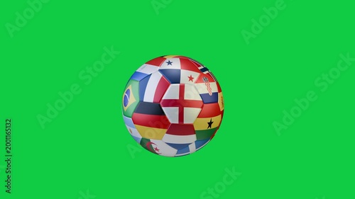 Soccer ball with 48 team flags rotating 360 on green chroma key.