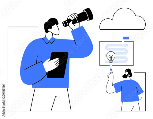 Business strategy, innovation, exploration, planning, creativity, research, future goals. A man with a telescope explores possibilities while another develops ideas with a light bulb. Business