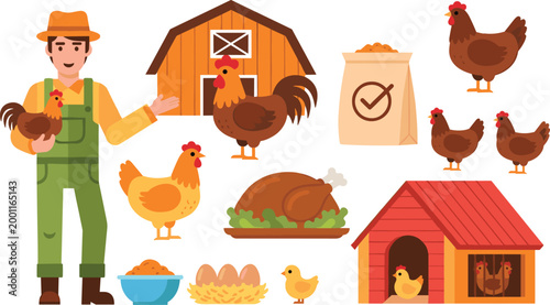 Farmer and Chicken Farm Elements Set in Flat Style, Collection of Poultry, Eggs, Coop, Feed and Roasted Chicken Vector Illustration