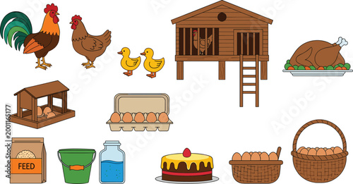 Chicken Farm and Food Elements Set in Flat Style, Collection of Rooster, Hen, Eggs, Coop, Feed, Basket and Cooked Chicken Vector Illustration