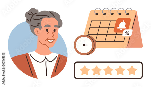 Elderly care, time management, health services, appointment reminders, customer feedback, daily tasks. Smiling elderly woman with calendar, clock stars. Elderly care and time management concept