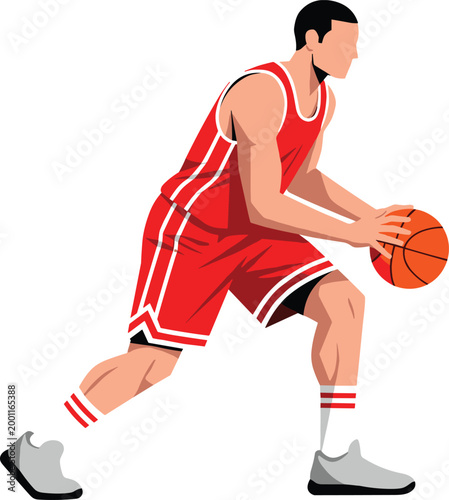 Basketball Player Dribbling Ball in Motion, Male Athlete in Red Uniform Playing Sport Game, Professional Training and Competition Vector Illustration