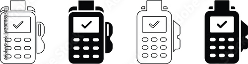 Set of four black and white payment terminal showing credit card machine interfaces with checkmark symbols for successful transaction confirmation