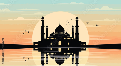 Eid al adha mubarak beautiful mosque silhouette at sunset islamic holiday