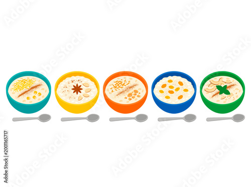 Five vibrant bowls filled with different flavors of porridge, each accompanied by a spoon. A delightful presentation of culinary variety