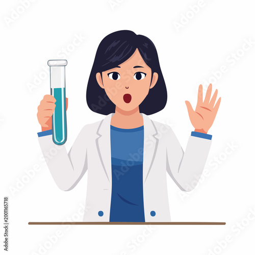 Surprised Scientist Holding Test Tube with Blue Liquid