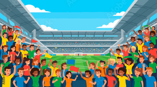 A vibrant stadium scene packed with enthusiastic spectators, immersed in the excitement of a live sports event. The fans wave their hands cheering, flags waving proudly