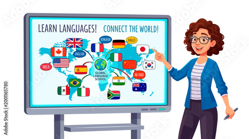 A teacher standing next to a map illustrating language learning, promoting global connections 
