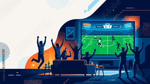 Excited fans cheering while watching a soccer game on television, embracing the thrill of the moment