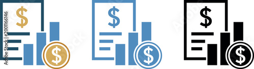 Financial Report Growth Icon Set with Dollar Symbol, Charts and Coins Illustration.