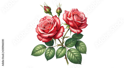 Two vibrant red roses with green leaves and buds, isolated on transparent background