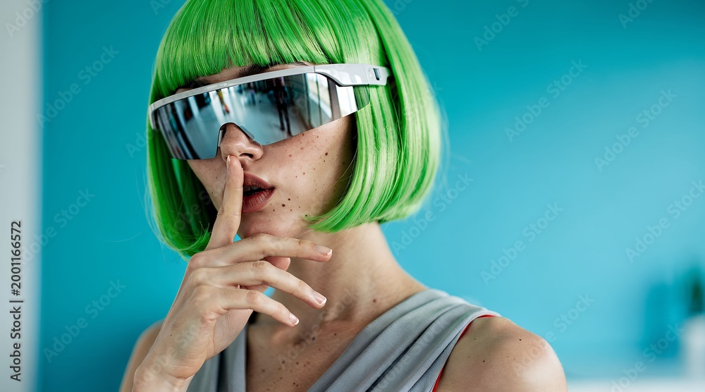 Naklejka premium Stylish Young Woman with Green Bob Hair Making Silence Gesture in Colorful Studio