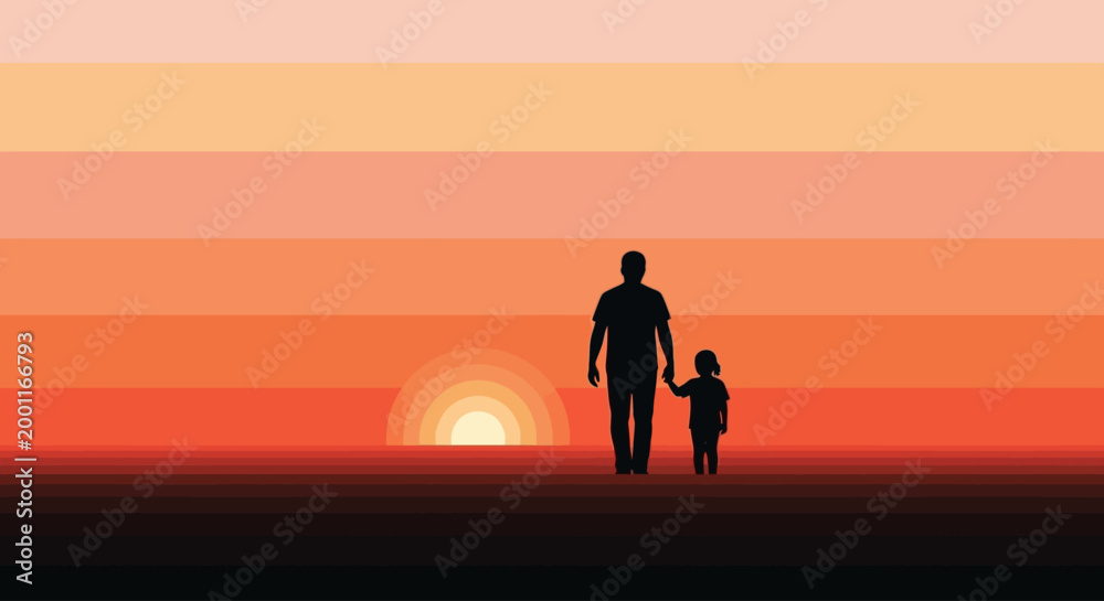 Fototapeta premium Father and Child Silhouette Walking Towards Setting Sun on Horizon