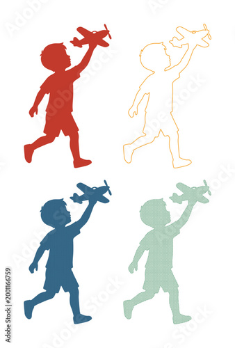 Playful child silhouette with toy airplane, a vector graphic set. Kids playing with model aircraft, childhood dreams, and aviation concepts. isolated on White Background