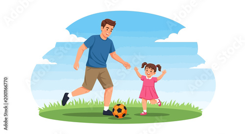 A cartoon illustration of a man and a young girl playing soccer together on a sunny day, perfect for family, lifestyle, or recreational themed marketing and advertising materials.