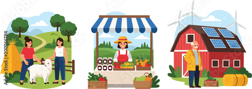 Sustainable Farming Scene Collection with Farmers Market Stall Barn Solar Panels Wind Turbines Sheep Haystack and Organic Agriculture Countryside Lifestyle Vector Set