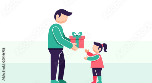 Father giving gift to little girl on colorful background