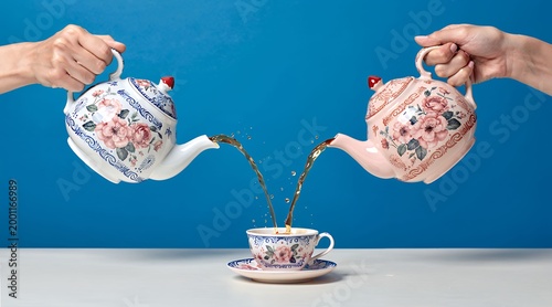 Vintage Floral Teapots Pouring Tea Into Porcelain Cup on Blue Background