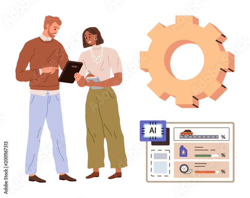 Data analytics, AI automation, workflow optimization, business management, teamwork, tech integration. Two professionals reviewing a tablet with AI-driven charts and gear icon. Data analytics