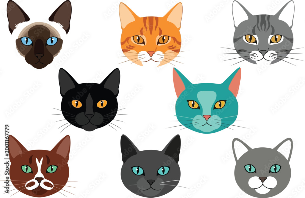 Naklejka premium Colorful cartoon cat faces collection Vector