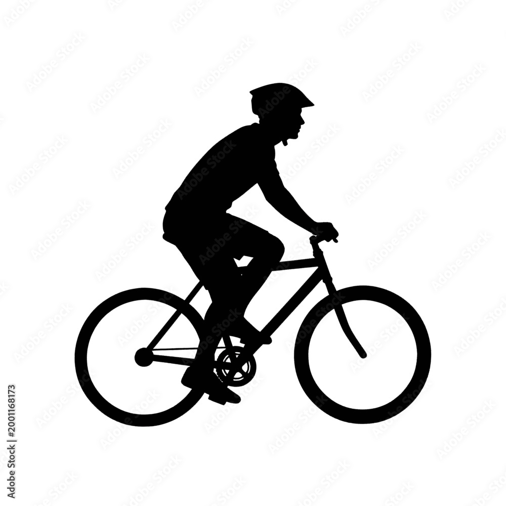 Fototapeta premium Silhouette of a cyclist wearing a helmet riding a bicycle on a white background.