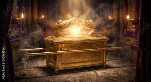 Ark of the Covenant in the Holy of Holies with Golden Cherubim Wings and Divine Shekinah Glory Light Between Them, Sacred Biblical .Tabernacle Scene with Burning Oil Lamps and Embroidered Curtains.