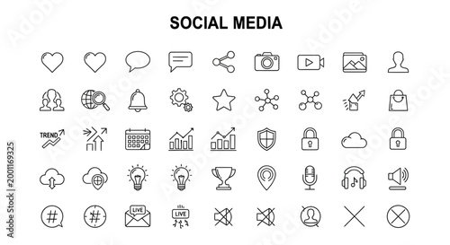 Comprehensive collection of social media and digital communication line icons.