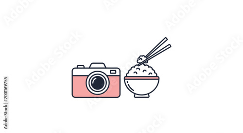 Camera and Bowl of Rice with Chopsticks Icon.