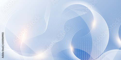 Soft blue abstract circles and wave lines with halftone dots, elegant technology background for corporate presentation, website header and banner