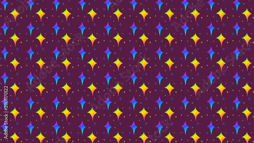 A vibrant and colorful star pattern background with a seamless repetition of sparkling, iridescent star shapes on a deep purple backdrop